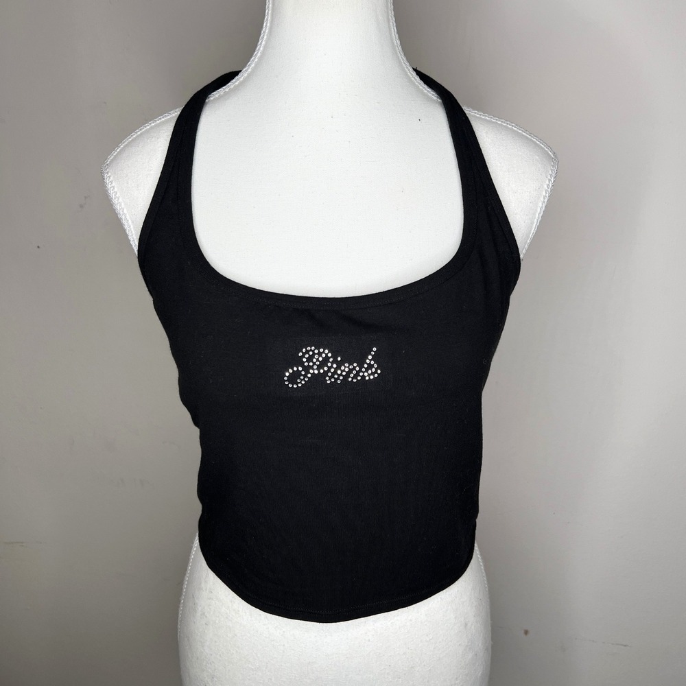 PINK Victoria's Secret Y2K Babydoll Black Rhinestone Logo Halter‎ Tank Top Large
